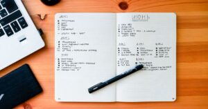 Caderno com anotações de planejamento de conteúdo ao lado de um notebook