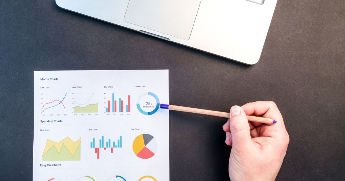 Mão com lápis analisando relatório de gráficos sobre a mesa