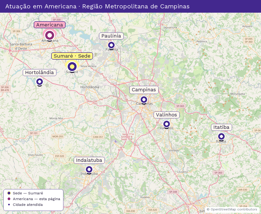 Mapa da Região Metropolitana de Campinas destacando Americana, cidade atendida pela Revista Villa Flores (sede em Sumaré).