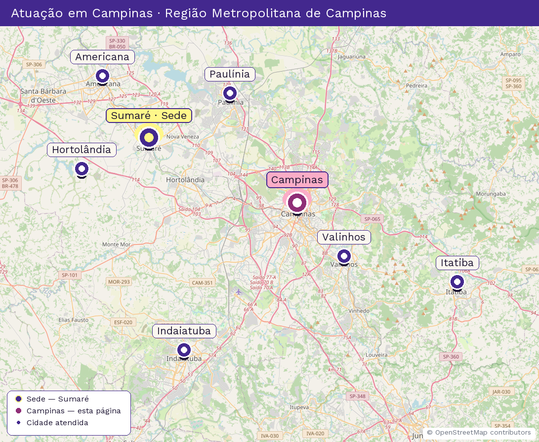Mapa da Região Metropolitana de Campinas destacando Campinas, cidade atendida pela Revista Villa Flores (sede em Sumaré).