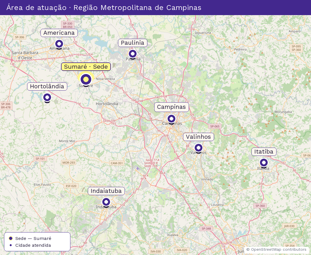 Mapa da Região Metropolitana de Campinas com as cidades atendidas pela Revista Villa Flores: Sumaré (sede), Campinas, Americana, Indaiatuba, Hortolândia, Valinhos, Itatiba e Paulínia