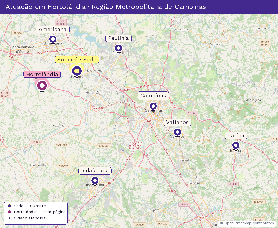 Mapa da Região Metropolitana de Campinas destacando Hortolândia, cidade atendida pela Revista Villa Flores (sede em Sumaré).