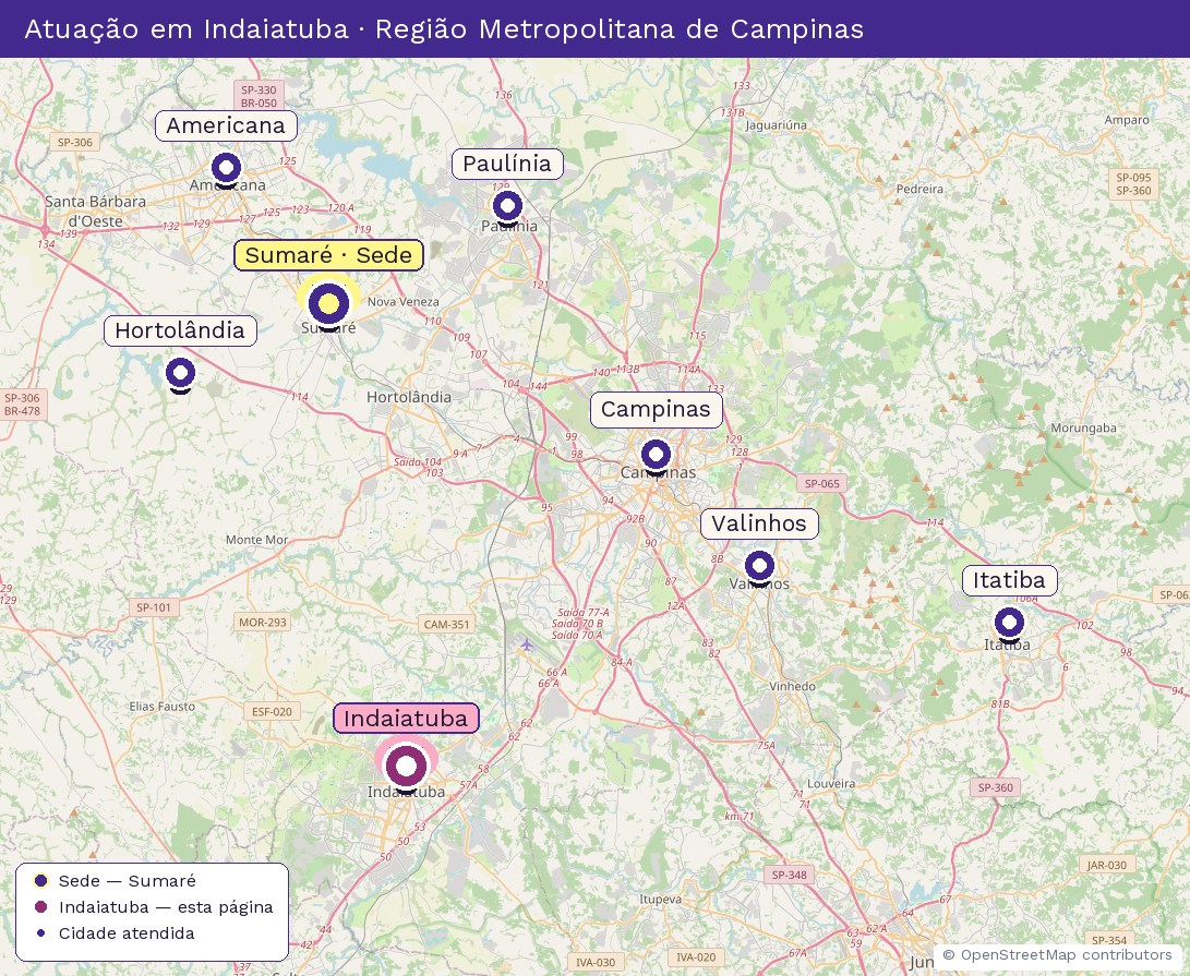 Mapa da Região Metropolitana de Campinas destacando Indaiatuba, cidade atendida pela Revista Villa Flores (sede em Sumaré).