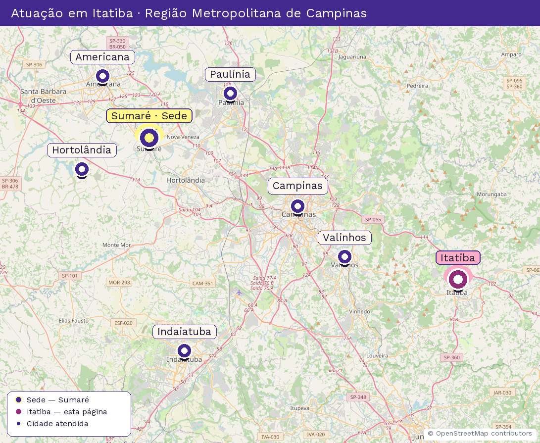 Mapa da Região Metropolitana de Campinas destacando Itatiba, cidade atendida pela Revista Villa Flores (sede em Sumaré).