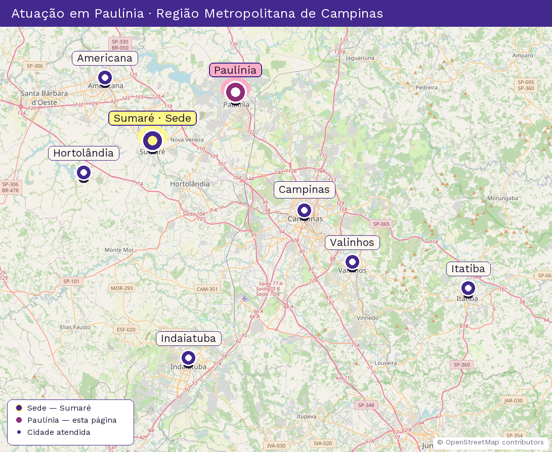 Mapa da Região Metropolitana de Campinas destacando Paulínia, cidade atendida pela Revista Villa Flores (sede em Sumaré).