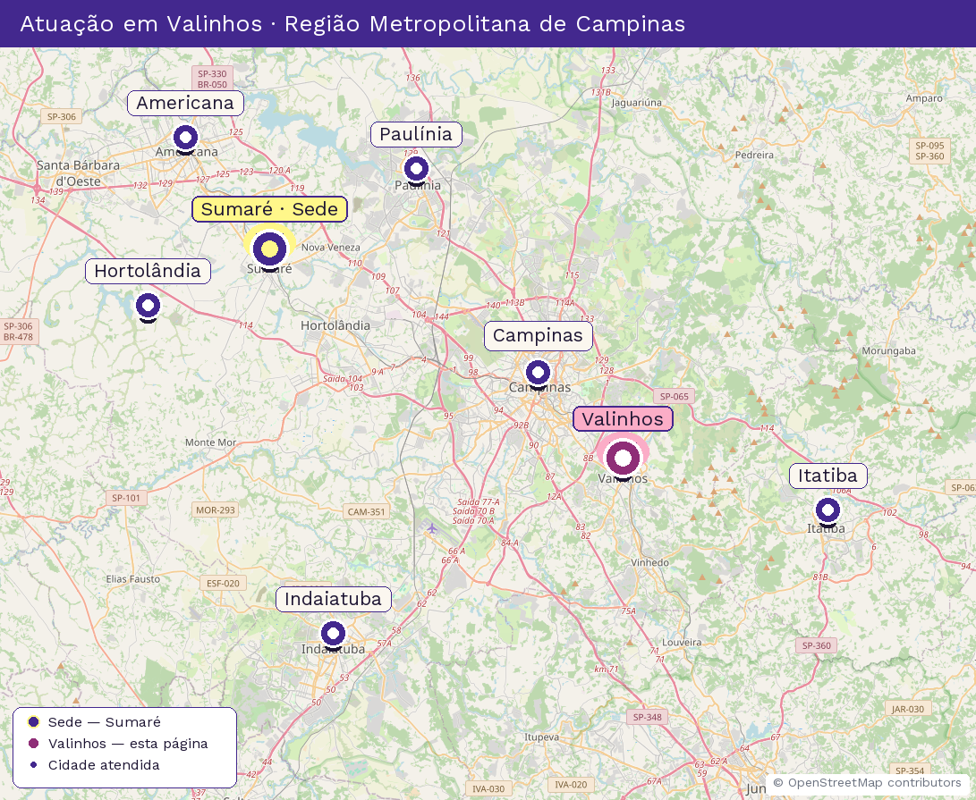 Mapa da Região Metropolitana de Campinas destacando Valinhos, cidade atendida pela Revista Villa Flores (sede em Sumaré).